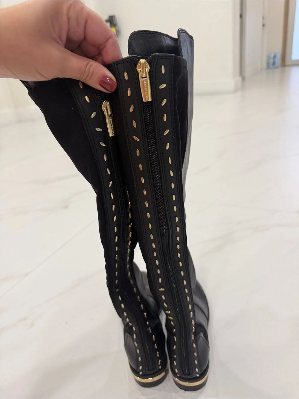 NWOT Vince Camuto Black Over-the-Knee Leather Boots with Gold Stud Hardware
